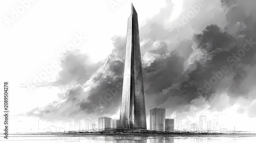 Fine-Line Architectural Ink Drawing Glass Steel Structure