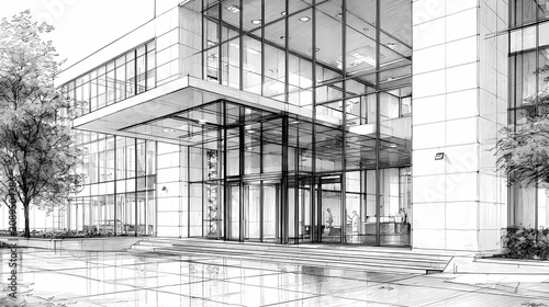 Crisp B&W Building Illustration Blueprint Art Composition