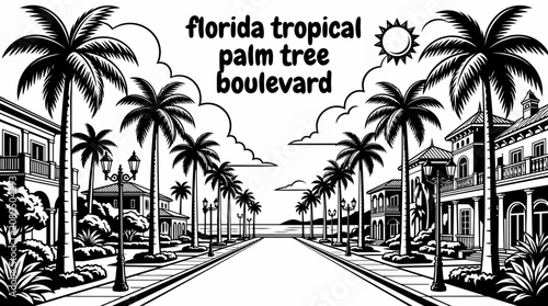 фотографія wide florida boulevard lined with towering royal palm trees landscaped gardens l