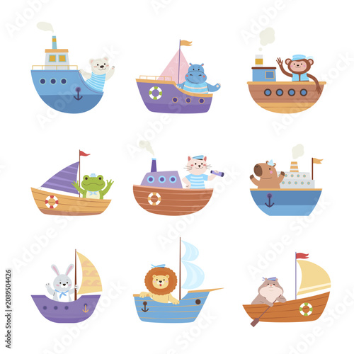 Cute Cartoon Animal Ships Collection Kids Nautical Clipart