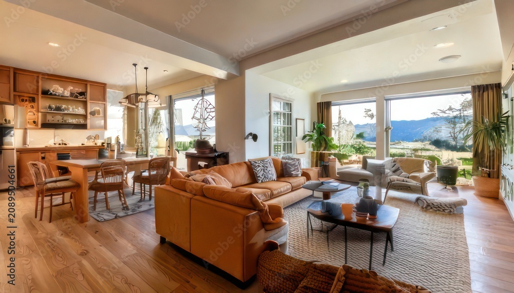 Fototapeta premium Spacious modern living room and kitchen with large windows and scenic mountain view.