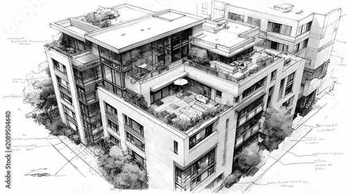 Elegant Monochrome Architecture Blueprint Art Composition