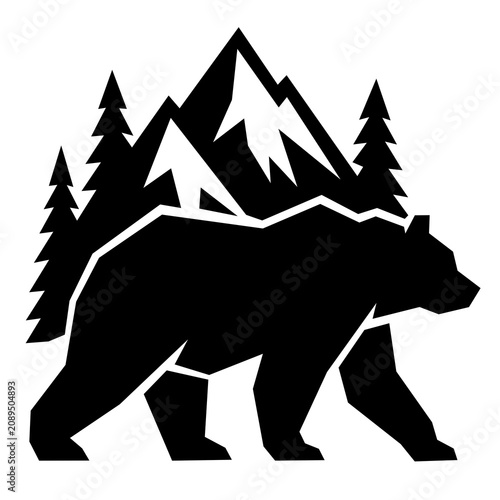 Geometric black bear with mountains and pine forest, minimalist wilderness vector illustration isolated on white background.