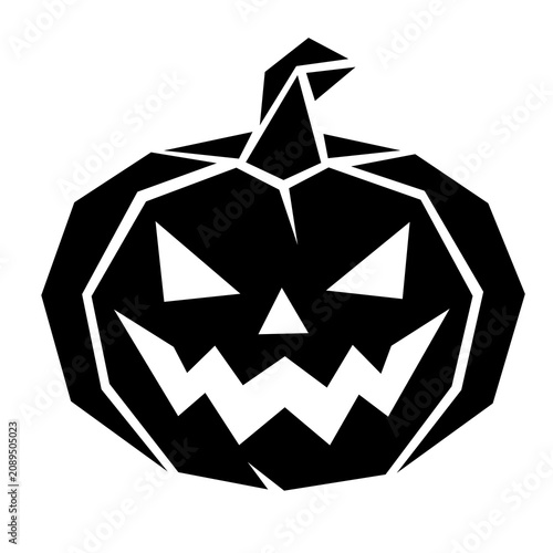 Geometric black and white jack o lantern pumpkin face, scary Halloween vector illustration isolated on white background.