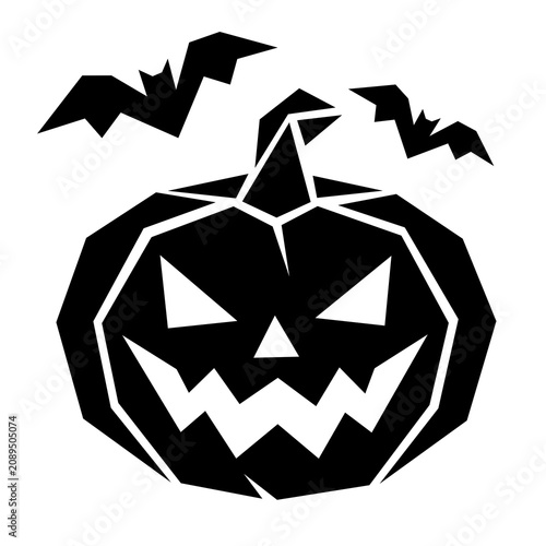 Geometric black and white scary Halloween pumpkin with bats, minimalist jack o lantern vector illustration isolated on white background.