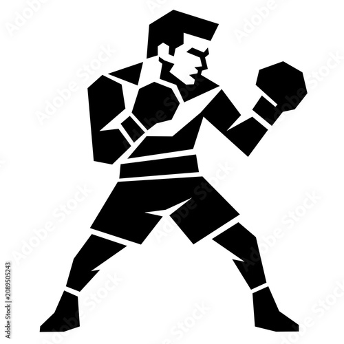 Geometric black and white boxer fighter in punching stance, minimalist angular sports vector illustration isolated on white background.
