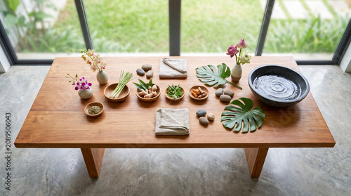 Spa ingredients and herbs for sustainable Thai wellness treatment arranged on a wooden massage table in a tranquil spa room