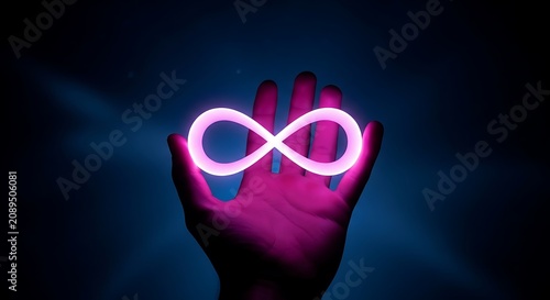 A human hand holding a glowing pink neon infinity symbol against a dark blue background, representing eternal life, connection, and technology