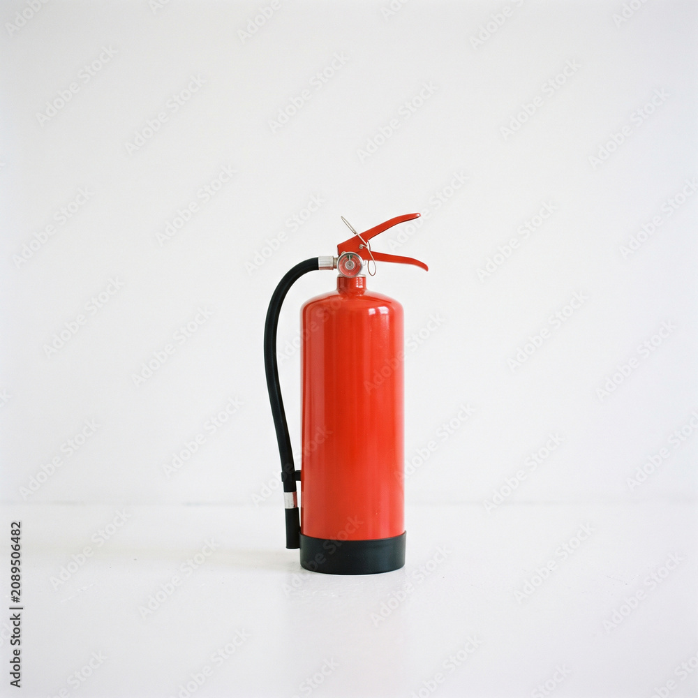 Fototapeta premium Bright red fire extinguisher on a clean white background, minimalist concept for emergency safety, equipment protection, and fire prevention
