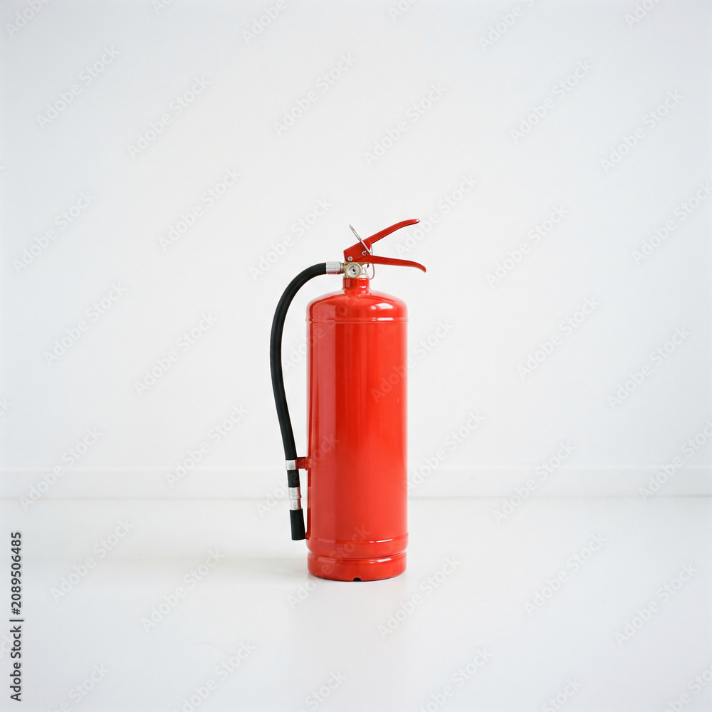 Obraz premium Bright red fire extinguisher on a clean white background, minimalist concept for emergency safety, equipment protection, and fire prevention