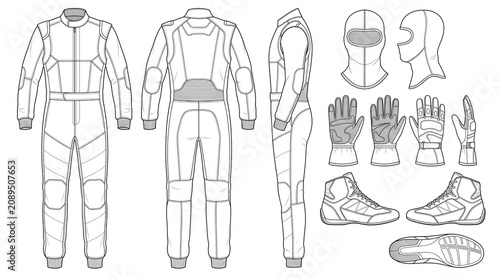 Professional Racing Driver Safety Gear Technical Design Sketch Including Suit Balaclava Gloves and Boots