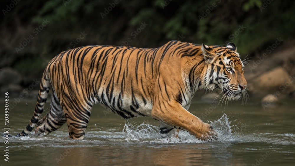 Obraz premium Large Bengal tiger walking through shallow water with muscular body in motion showing orange and black striped fur against a dark forest background, underscoring the wildlife