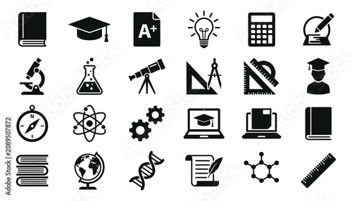 Education icons set books graduation caps science and learning tools isolated on transparent background