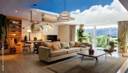 Spacious modern living room with stunning mountain view and open-plan kitchen.