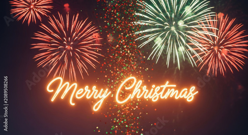 Festive Merry Christmas neon greeting with colorful fireworks exploding in the night sky background