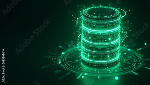 Futuristic Database Storage Background with Glowing Digital Layers - Green Tones - Copy Space on the Left