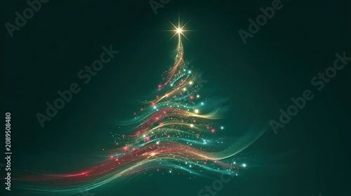 A Christmas poster features an abstract tree composed of a multitude of colorful points of light against a deep green background
