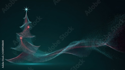 A Christmas poster features an abstract tree composed of a multitude of colorful points of light against a deep green background
