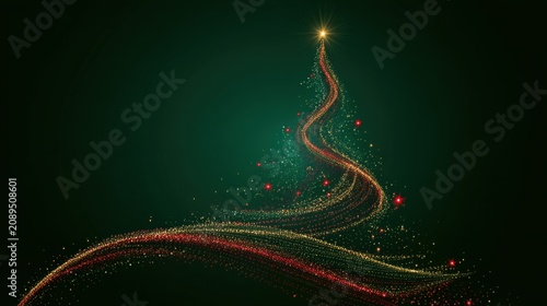 A Christmas poster features an abstract tree composed of a multitude of colorful points of light against a deep green background
