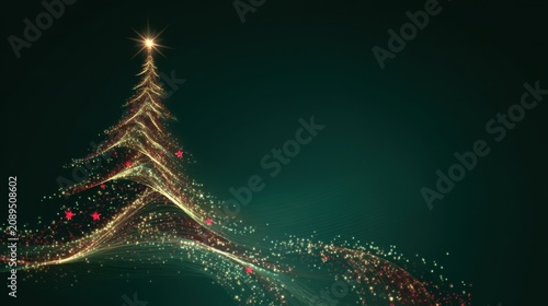 A Christmas poster features an abstract tree composed of a multitude of colorful points of light against a deep green background
