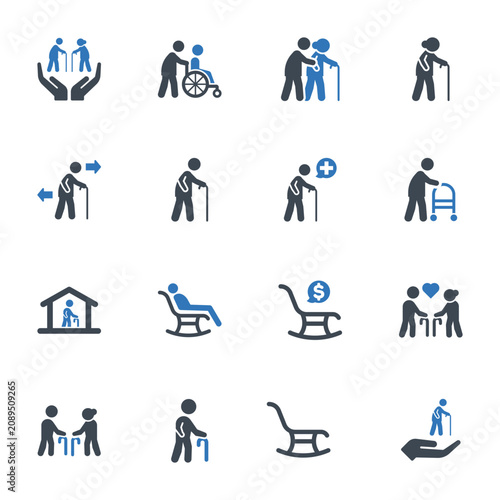 Elderly Care and Retirement Vector Icon Set. Senior People, Nursing Home, Disability, and Healthcare Icons.