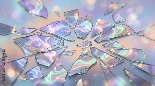 Scattered Iridescent Glass Shards with Prismatic Light Refractions
