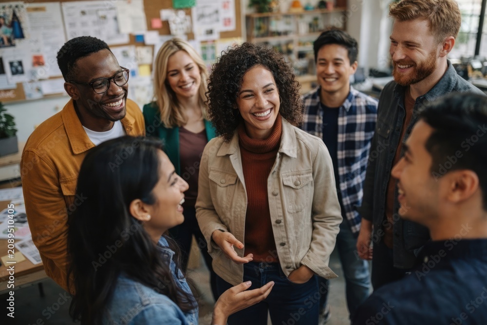 Fototapeta premium Diverse group of people smiling and chatting in a creative office space.