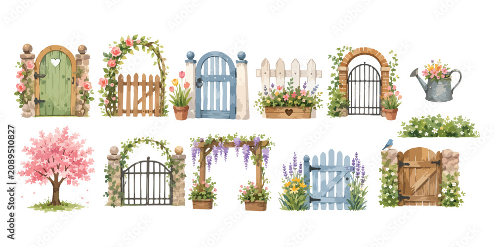 Fototapeta premium Watercolor garden gate fence and flower arch set