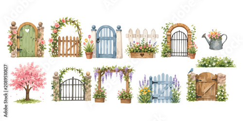 Obraz na płótnie Watercolor garden gate fence and flower arch set