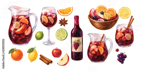 Watercolor refreshing red wine sangria ingredients and cocktails set