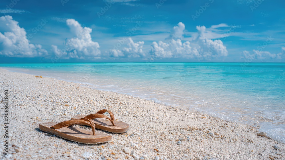 Fototapeta premium Sandy Beach with Flip Flops Under Bright Blue Sky and Clouds