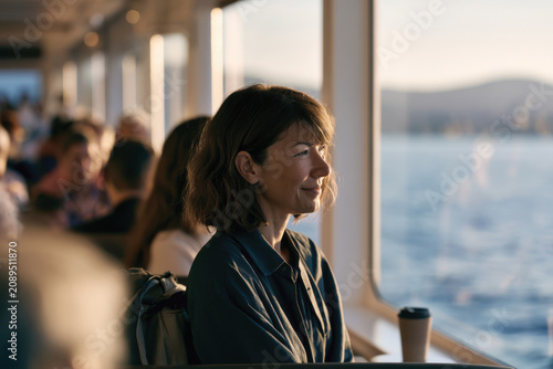 A woman sits in a crowded ferry, gazing thoughtfully at the ocean passing by, her expression reflecting deep thoughts and a moment of escape amidst the busy surroundings.