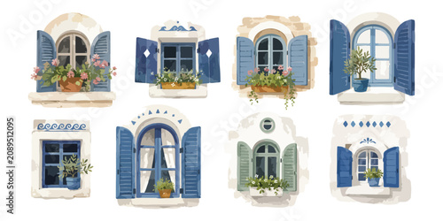 Watercolor mediterranean window set with blue shutters and blooming flowers