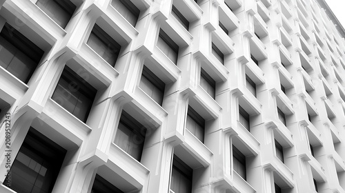 Modern white building facade with repetitive windows, forming a geometric pattern.