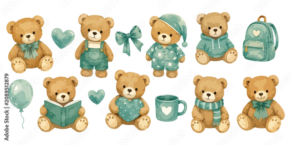 Fototapeta premium Watercolor cute teddy bear characters and cozy elements set