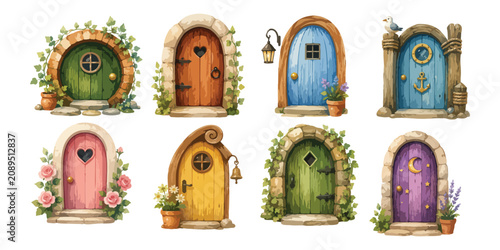 Watercolor fairy tale fantasy wooden doors collection