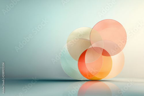 Abstract circle composition in pastel color, soft gradient background, layered transparent circle, minimalist geometric art, modern wallpaper, calm composition