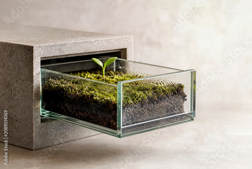 Green Seedling Growing in a Glass Archive Drawer for Sustainability Concept