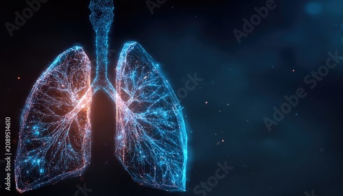 Clean lungs hologram glowing in dark background, futuristic medical concept