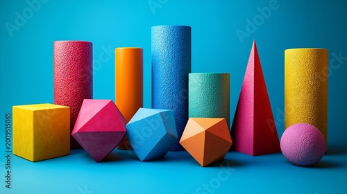 Colorful geometric shapes on blue background; abstract design for education