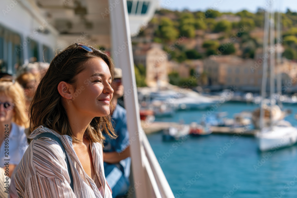 Fototapeta premium A woman enjoys a peaceful moment on a ferry as she admires the coastal views, encapsulating the essence of freedom, adventure, and the beauty of nature.