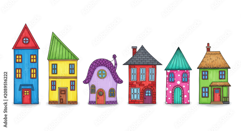 Fototapeta premium Collection of cute colorful cartoon houses with whimsical designs, isolated on white background, playful neighborhood illustration