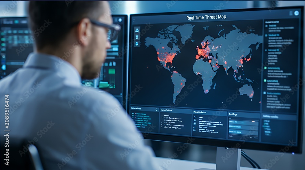 Fototapeta premium Global Cybersecurity Operations: Real-Time Threat Monitoring and Analysis
