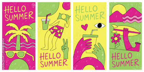 Photography Abstract hello summer banners set with retro surfing elements and groovy characters