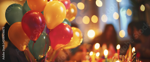 A group of colorful party balloons including red and yellow clusters floats against a backdrop of glowing candles and blurred people celebrating a birthday.