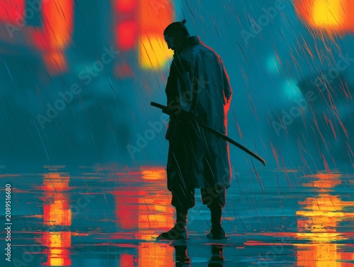 Neon samurai standing in rainy cyber street, glowing reflections, cinematic cyberpunk mood, ultra detailed digital illustration style. 