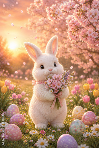 Cute bunny holding spring flower bouquet, surrounded by Easter eggs, tulips, cherry blossoms