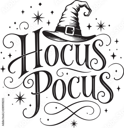Hocus Pocus Halloween Typography Design with Witch Hat and Stars Vector