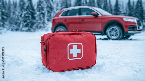 A red first aid kit sits in the snow near a car. Winter travel safety and emergency medical preparedness concept.