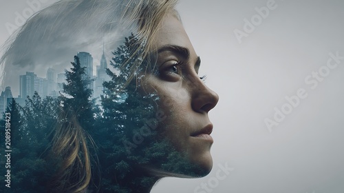 Woman with wet hair looking up at snowy cityscape with skyscrapers in background